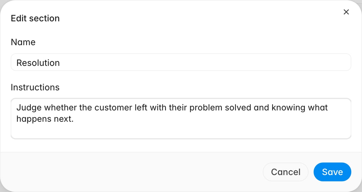 Edit section dialog with the name Resolution and instructions describing how to judge whether the customer left with their problem solved