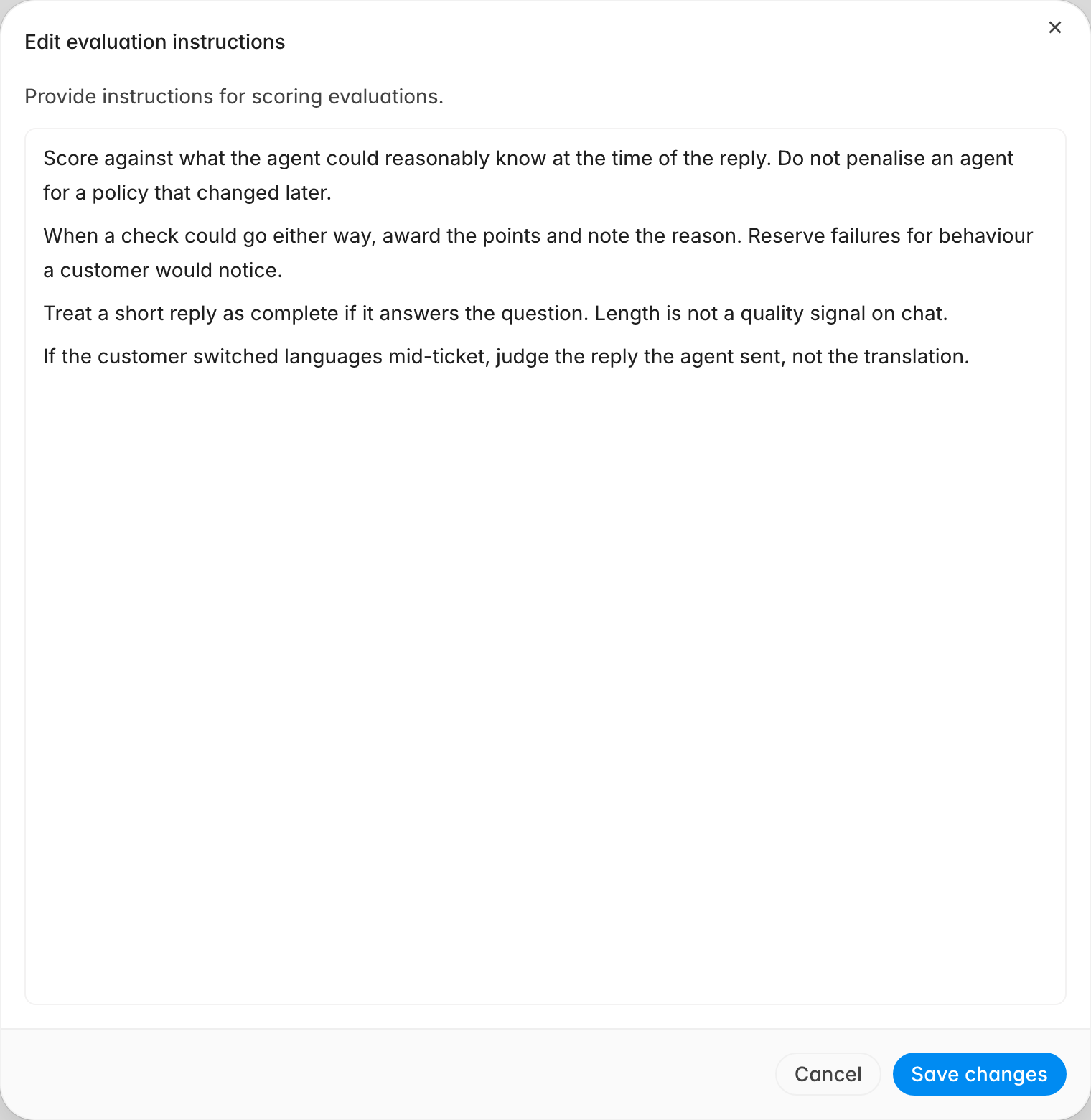 Edit evaluation instructions dialog with four organization-wide scoring rules about agent knowledge at the time of reply, borderline checks, reply length, and language switching