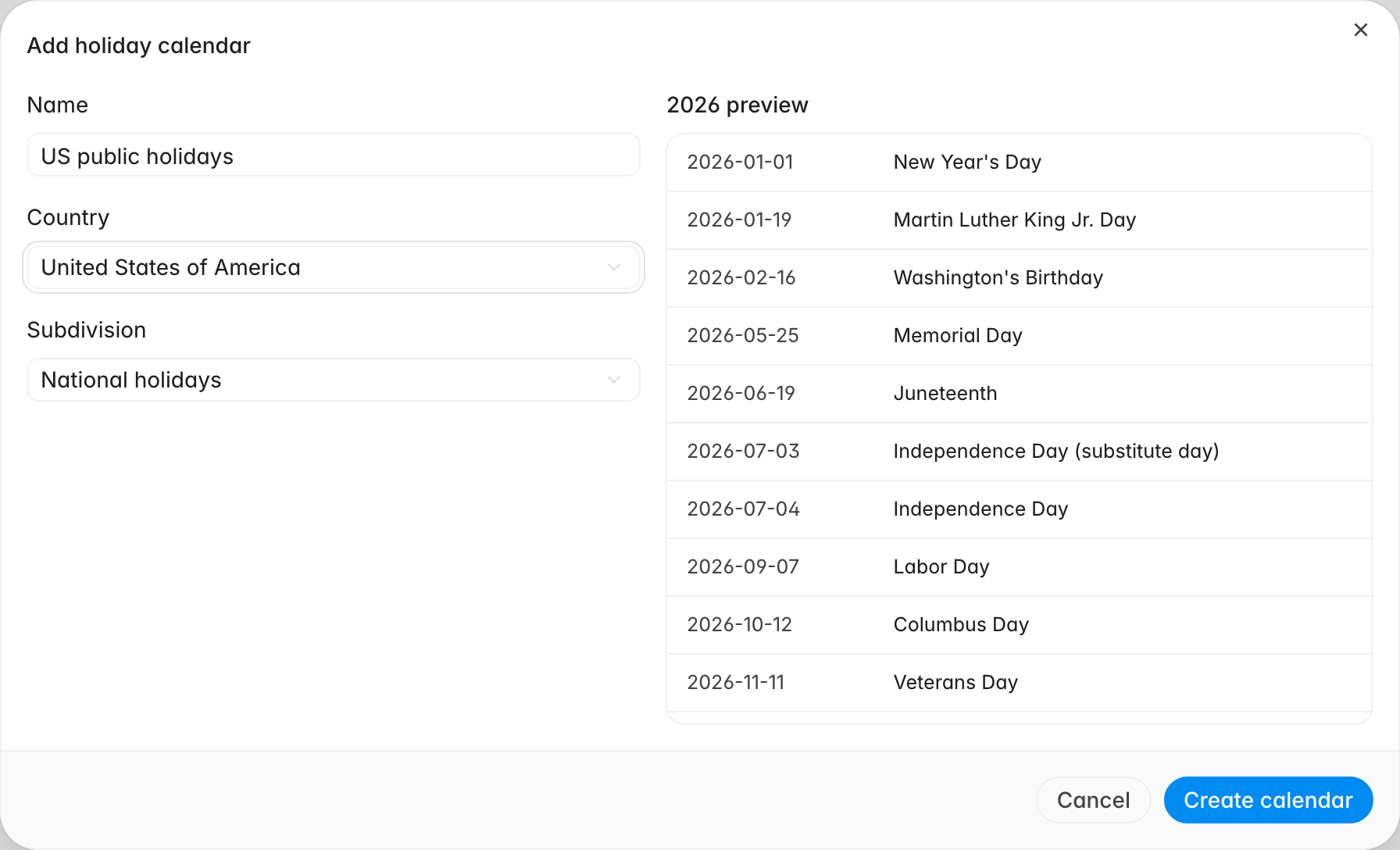 Add holiday calendar dialog for US public holidays with a preview listing New Year's Day, Martin Luther King Jr. Day, and other national holidays