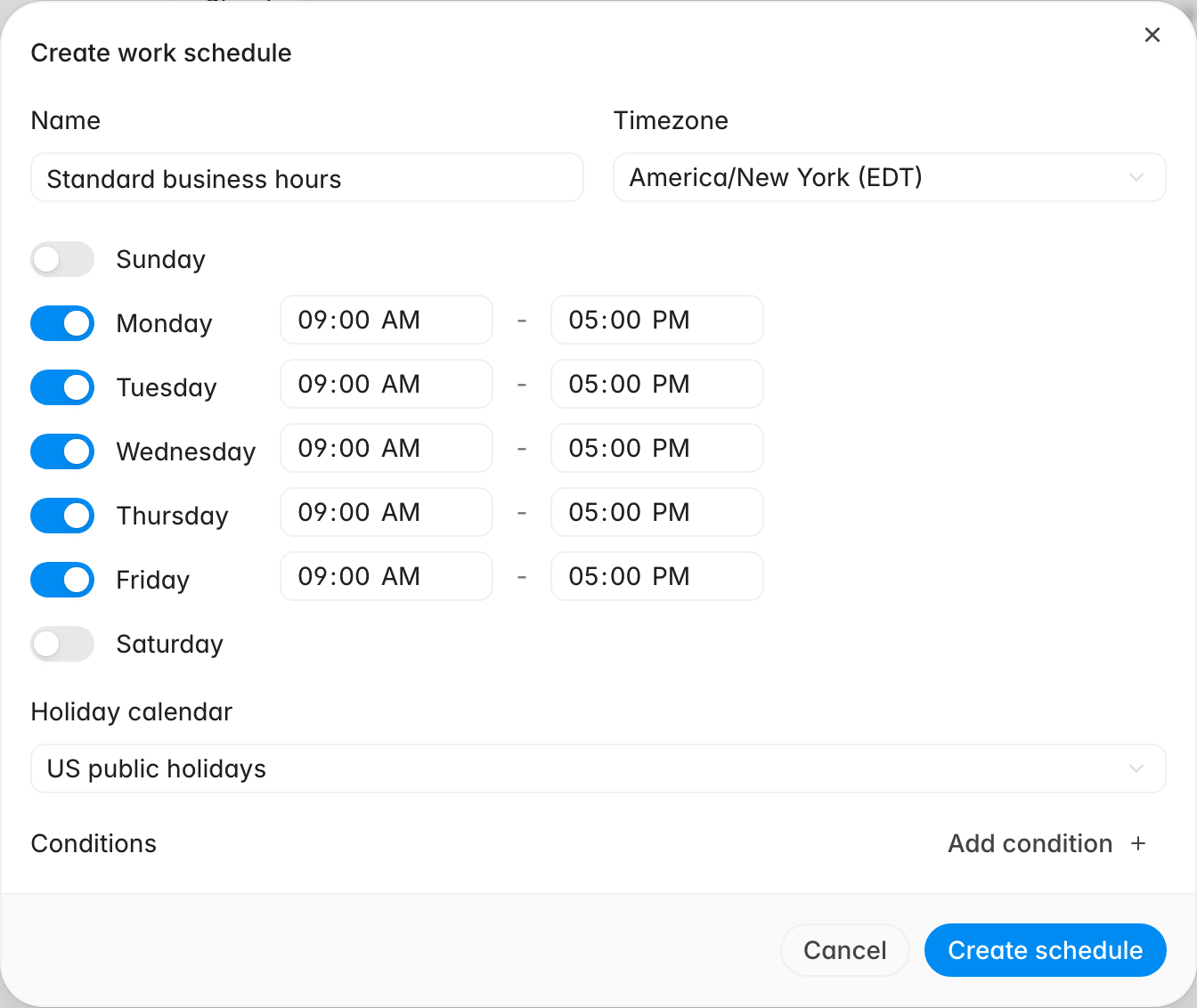 Create work schedule dialog with Monday to Friday enabled from 9:00 AM to 5:00 PM in America/New York and a linked US public holidays calendar