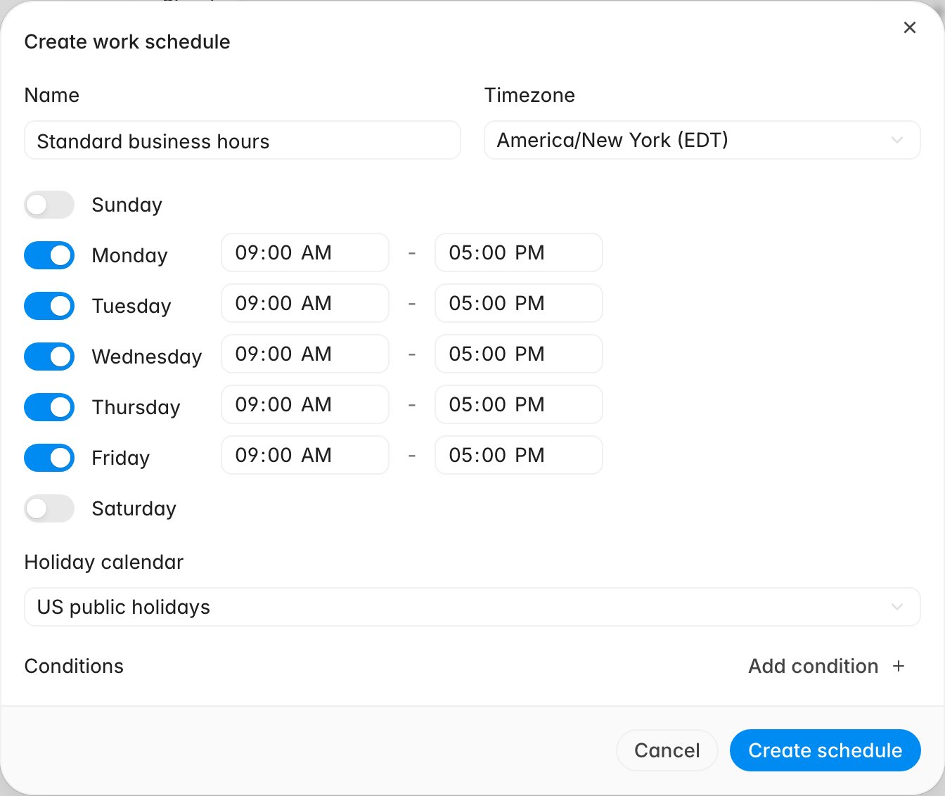 Create work schedule dialog with Monday to Friday enabled from 9:00 AM to 5:00 PM in America/New York and a linked US public holidays calendar