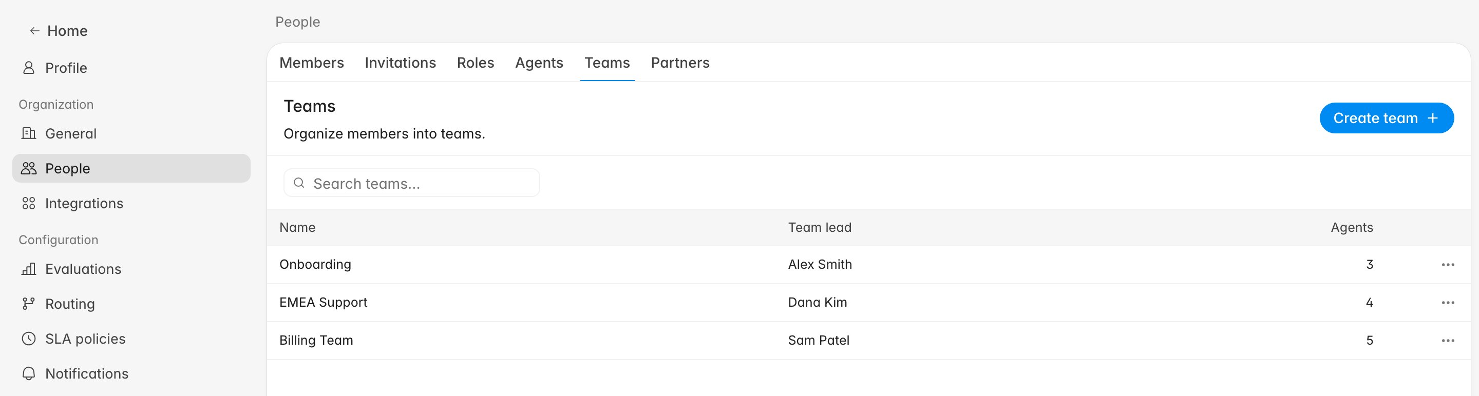 Settings People Teams page with a Create team button, search bar, and a table listing three teams with their team leads and agent counts