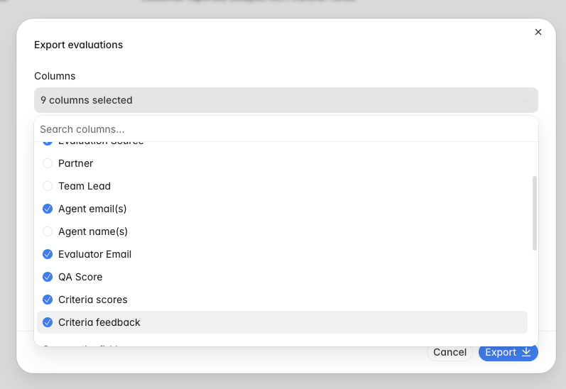 Export evaluations with Criteria scores and Criteria feedback selected separately