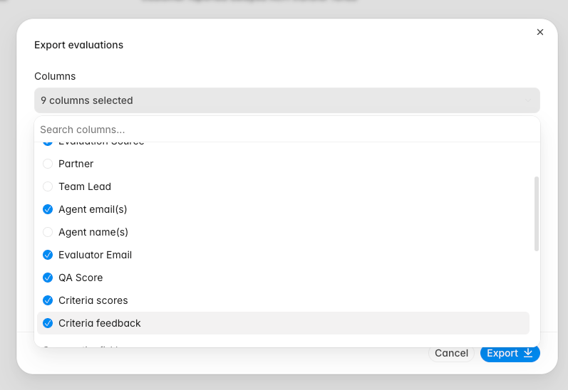 Export evaluations with Criteria scores and Criteria feedback selected separately