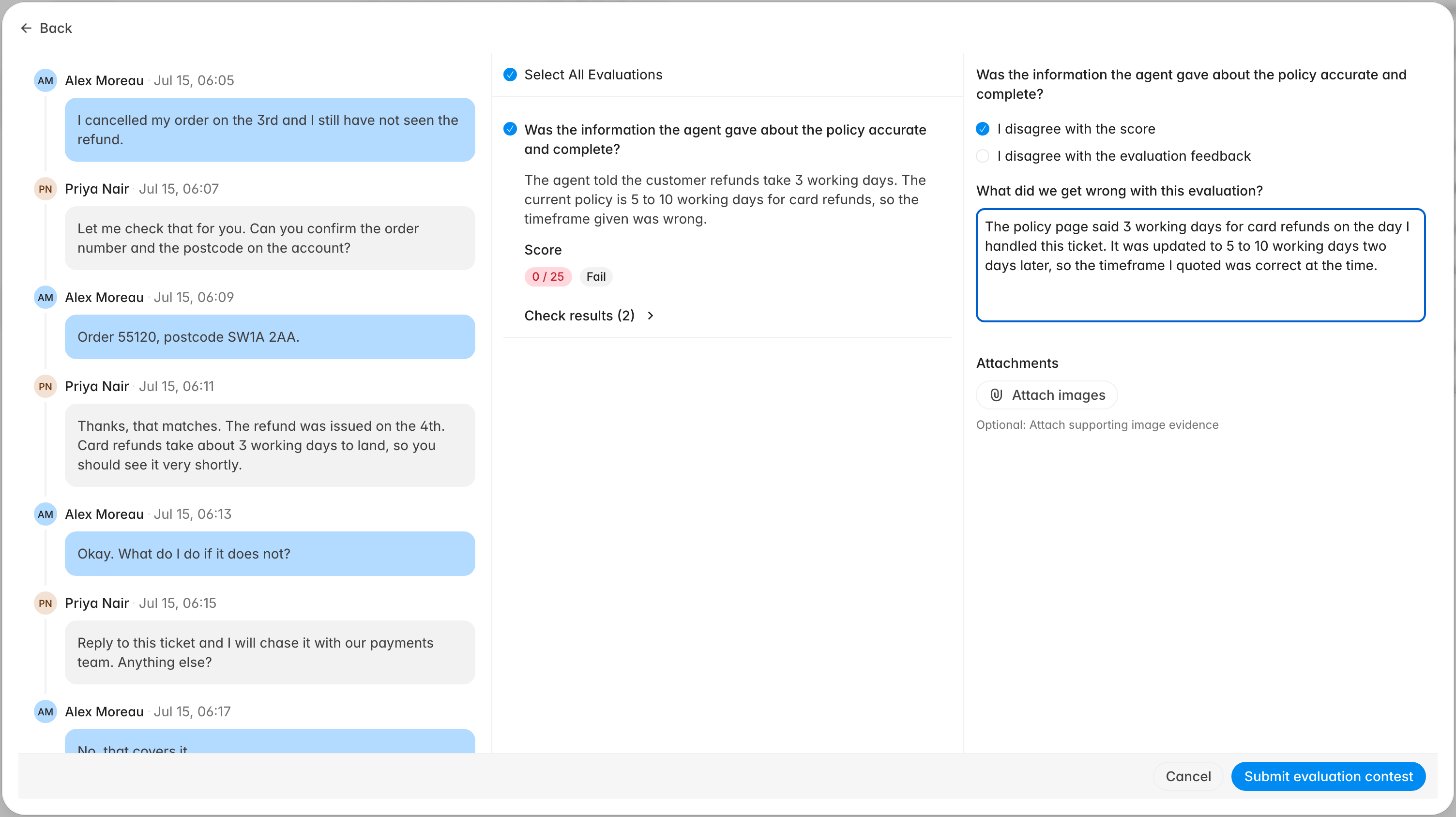 A contest form filled in, with the criterion selected, I disagree with the score chosen, an explanation written, and Submit evaluation contest ready