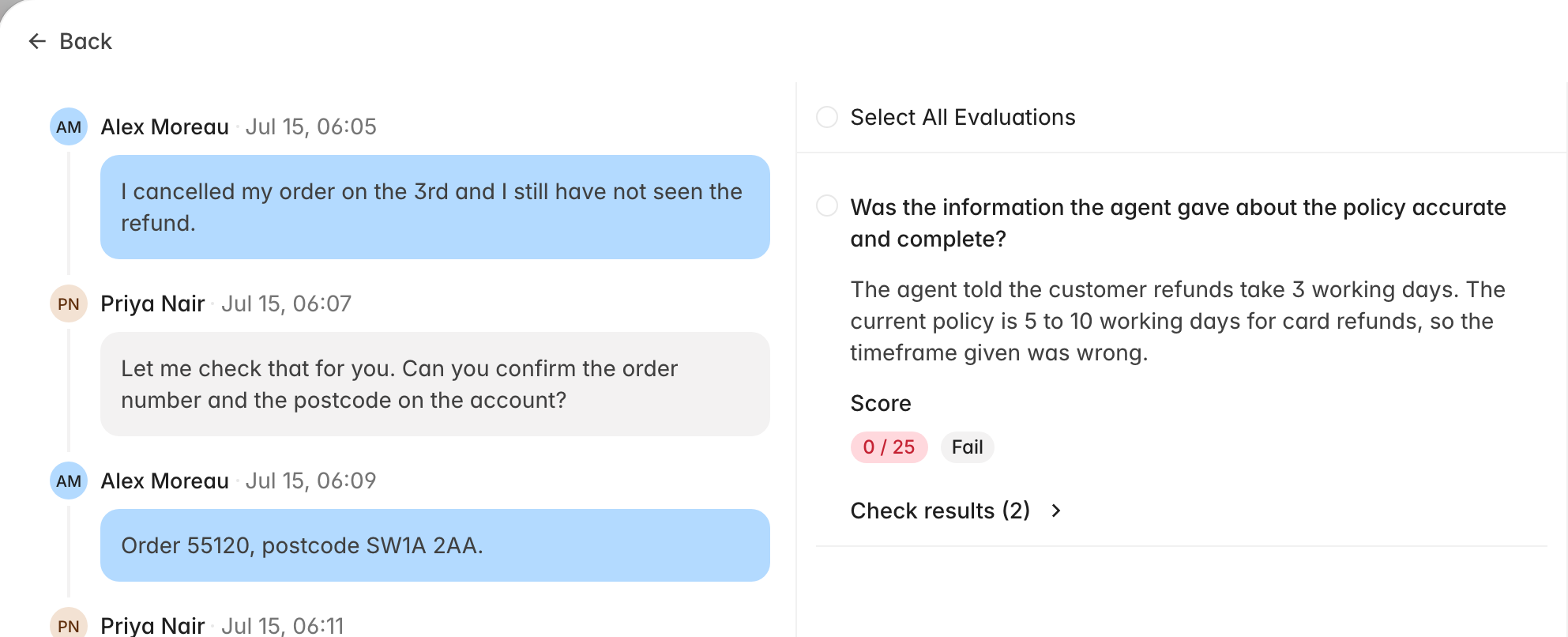 The contest form with the ticket transcript on the left and failed criteria available to select on the right