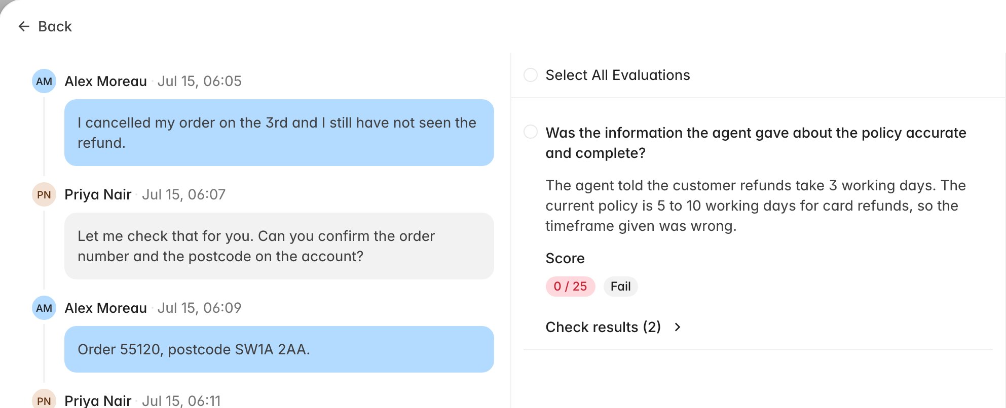 The contest form with the ticket transcript on the left and failed criteria available to select on the right