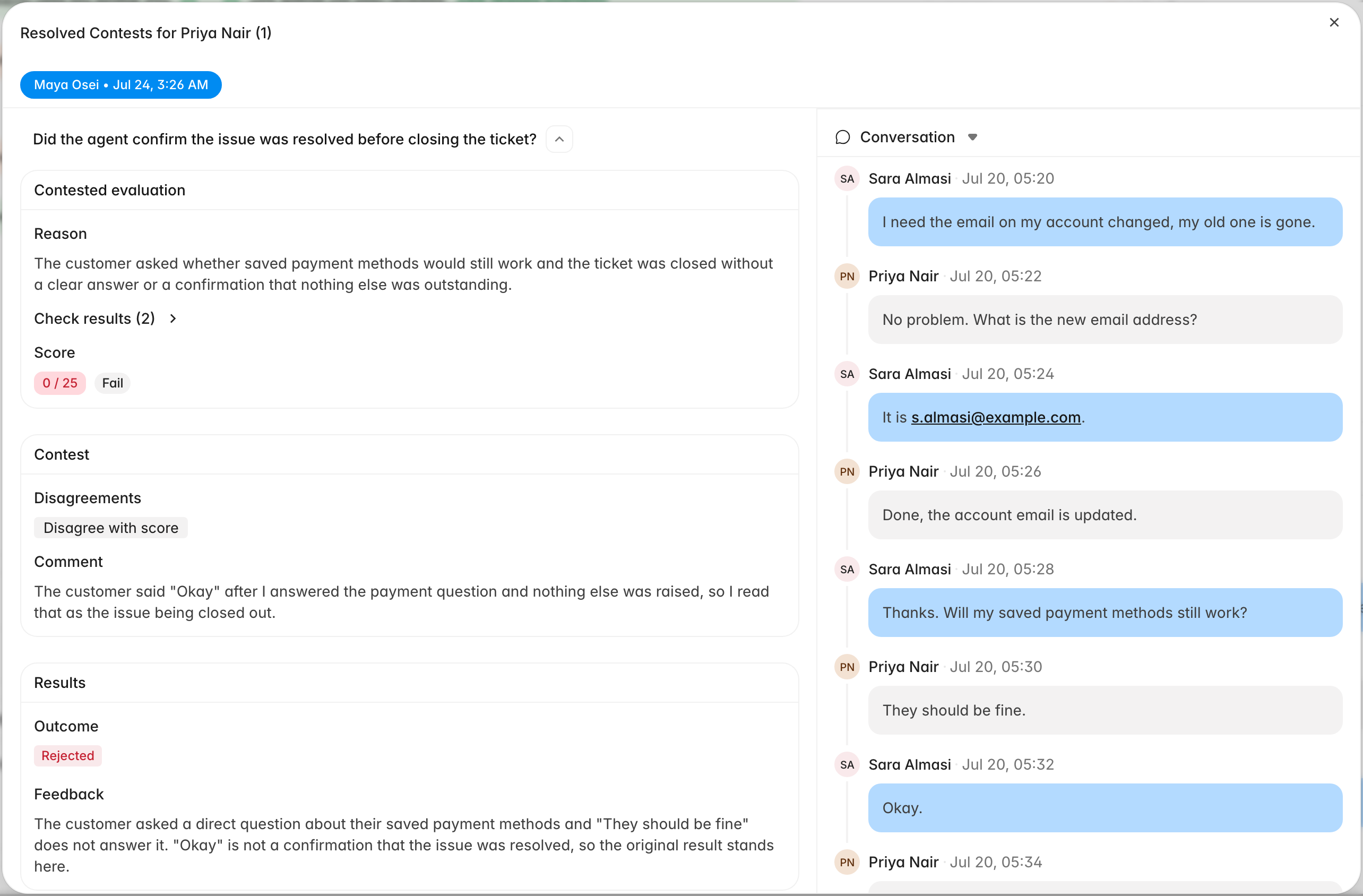 A resolved dispute showing the original failed criterion, the agent's comment, and a Rejected outcome with the reviewer's written feedback