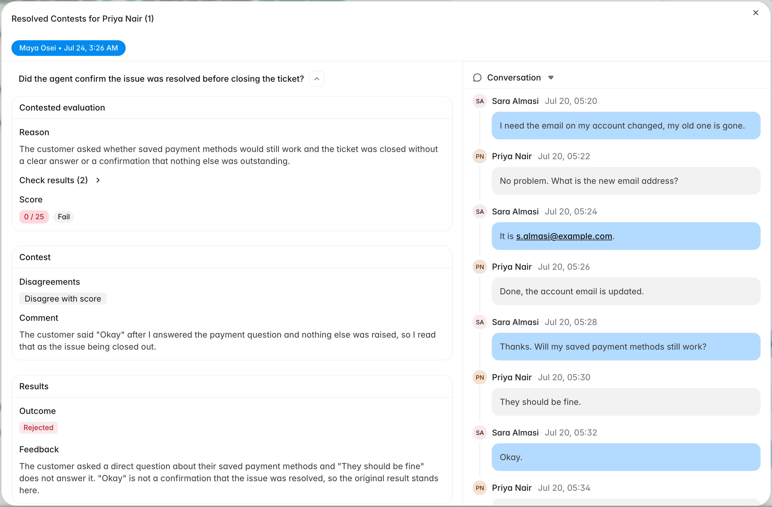 A resolved dispute showing the original failed criterion, the agent's comment, and a Rejected outcome with the reviewer's written feedback