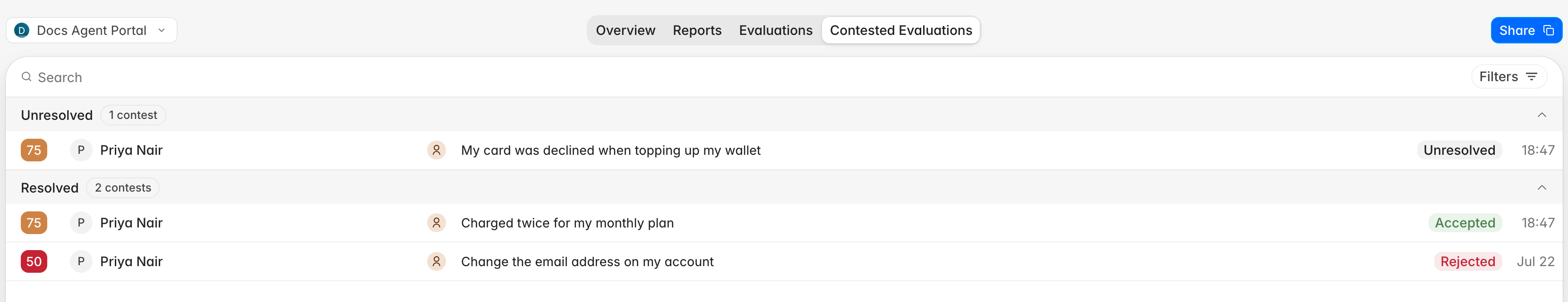 The Contested Evaluations tab with one unresolved dispute and two resolved ones, marked accepted and rejected