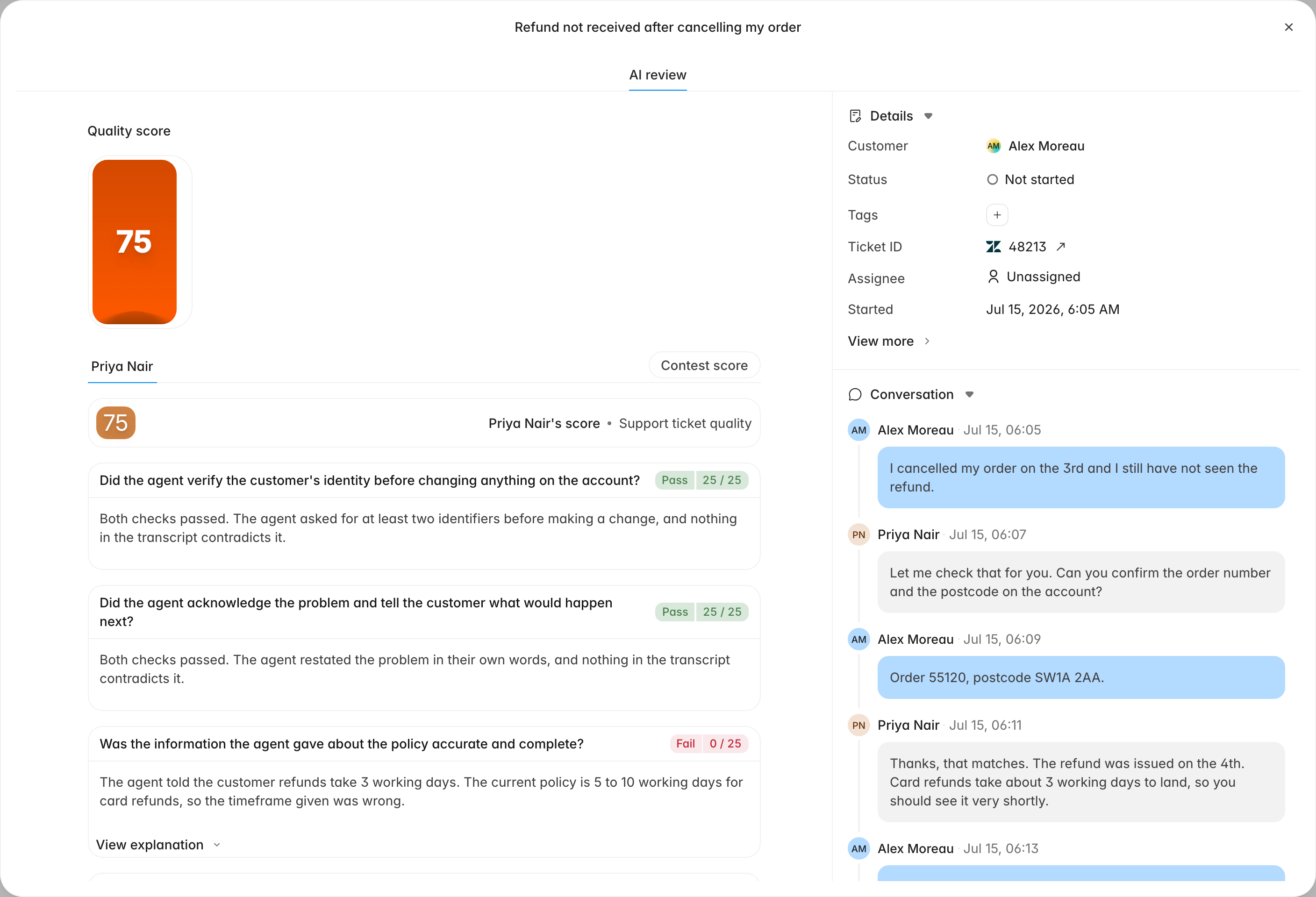 An open evaluation showing the quality score, criterion results, and the ticket transcript