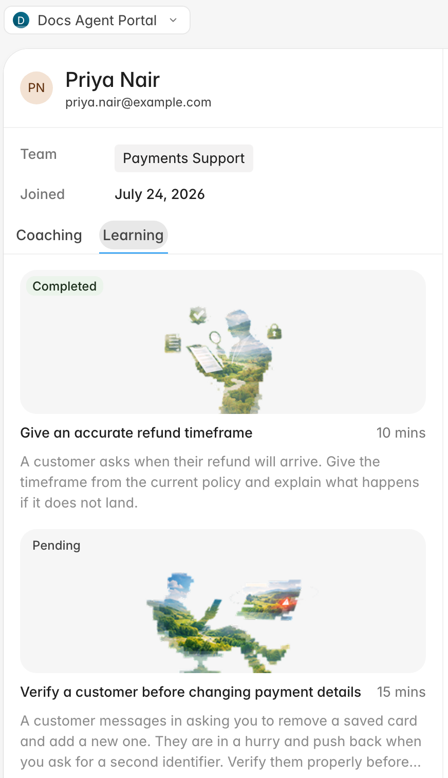 The Learning tab listing two assigned practice conversations, one completed and one pending