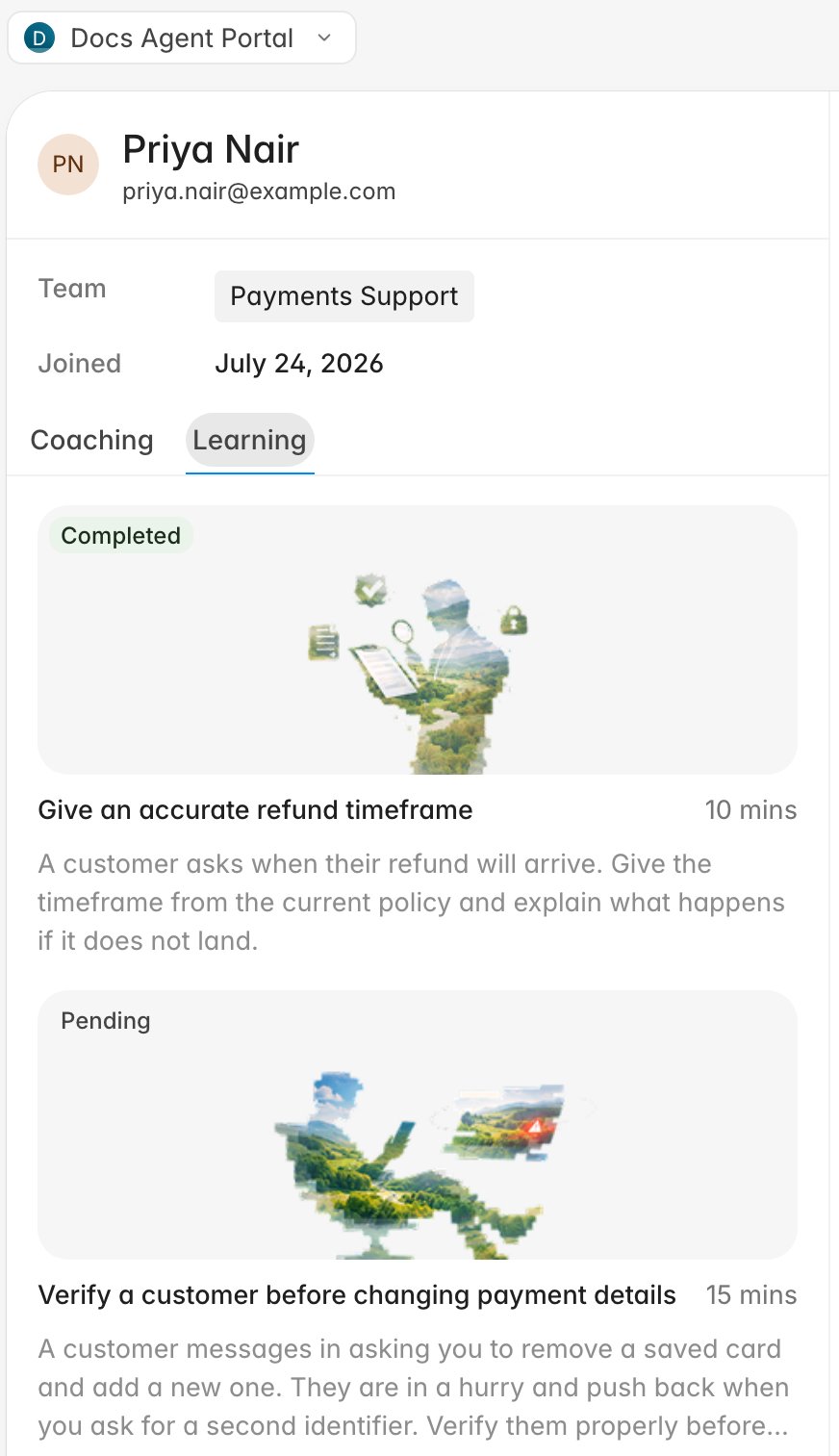 The Learning tab listing two assigned practice conversations, one completed and one pending