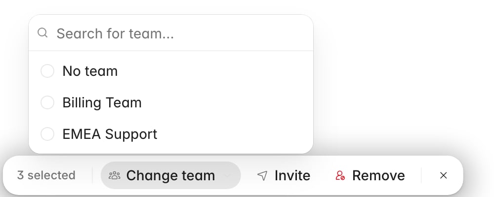 Agents table floating action bar showing 3 selected with Change team, Invite, and Remove actions, and the team search popover open above it