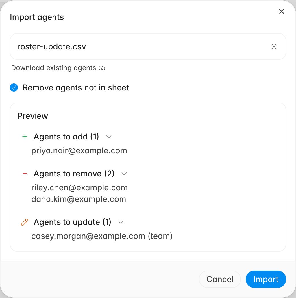 Import agents dialog after uploading a CSV with Remove agents not in sheet selected, showing the Preview grouped into add, remove, and update