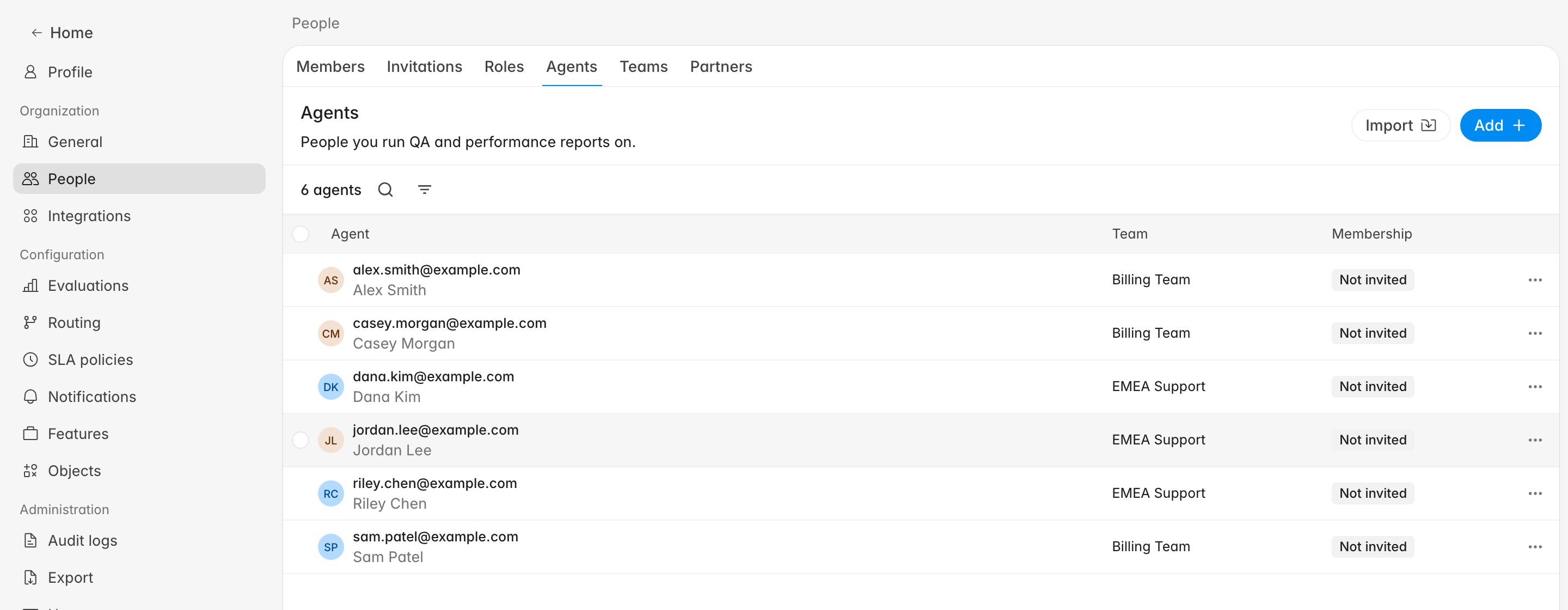 Settings People Agents page showing the agent count, Import and Add buttons, and a table of agents with Agent, Team, and Membership columns
