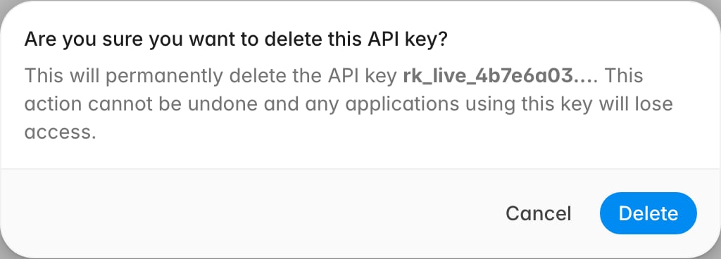 Confirmation dialog warning that deleting an API key is permanent and that applications using the key will lose access