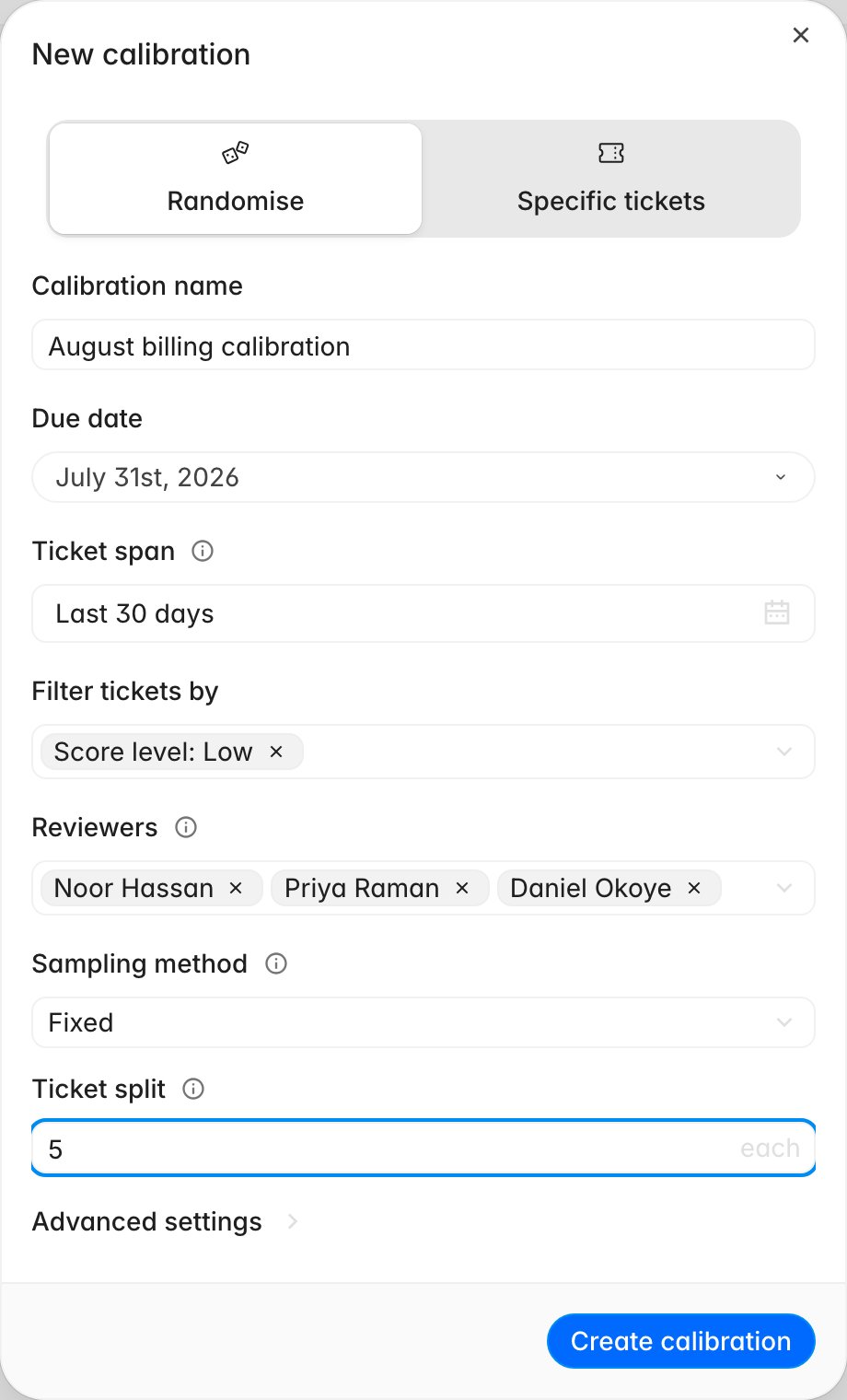 New calibration dialog with a name, a due date a week out, a ticket span of the last 30 days, a Score level Low filter, three reviewers, Fixed sampling, and a ticket split of five