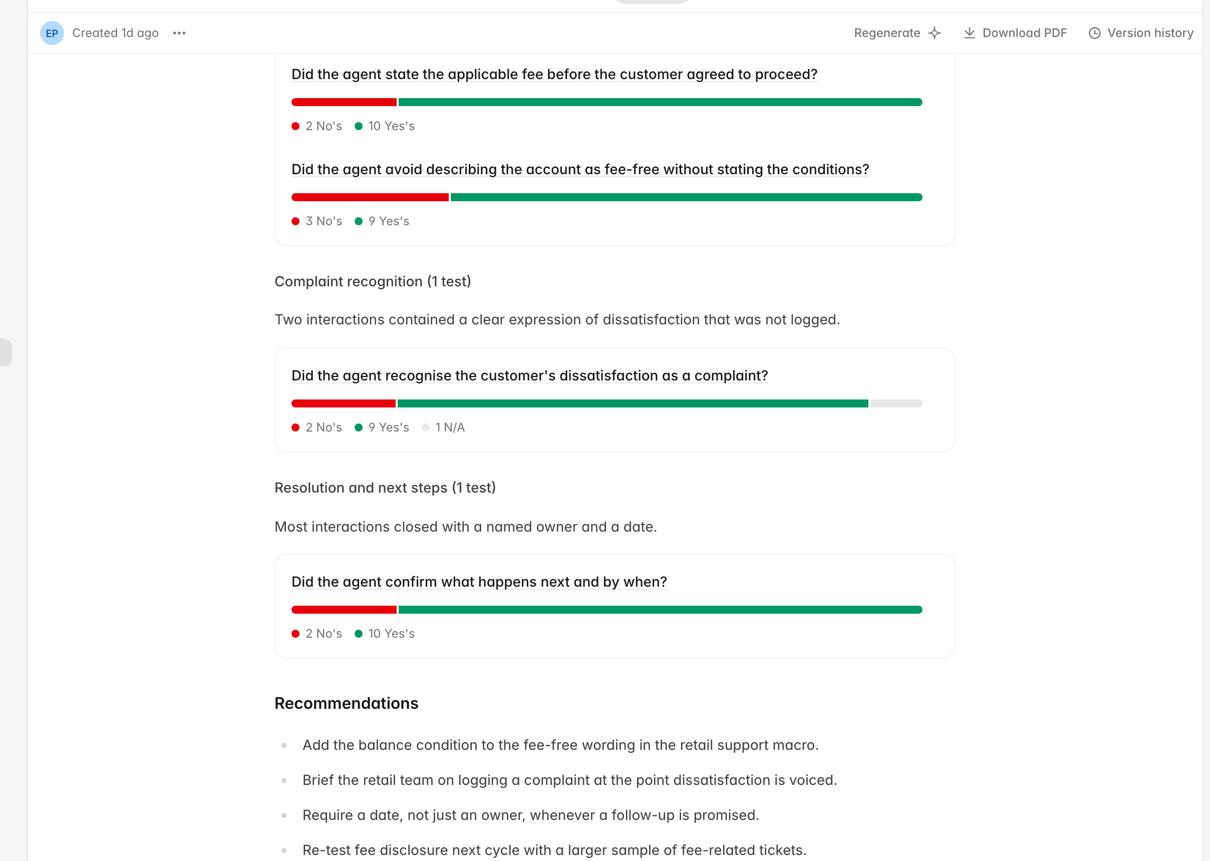 Test script breakdown grouped by control with per-question answer splits, followed by the recommendations list