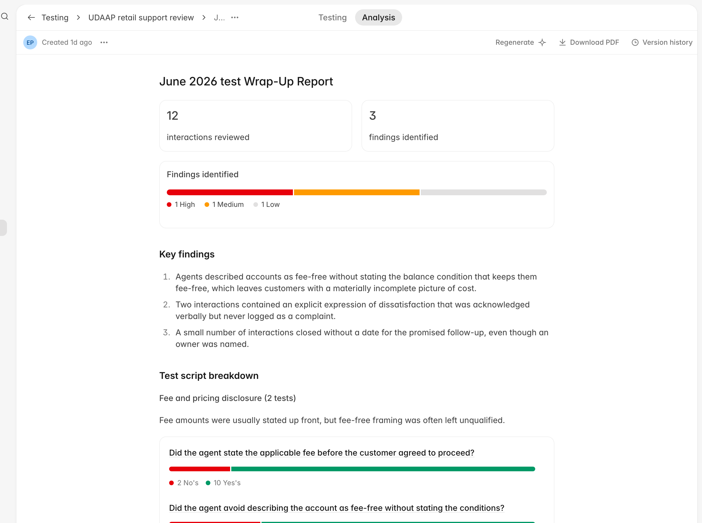 Analysis report with interactions reviewed, findings identified, a severity bar, key findings, and the start of the test script breakdown