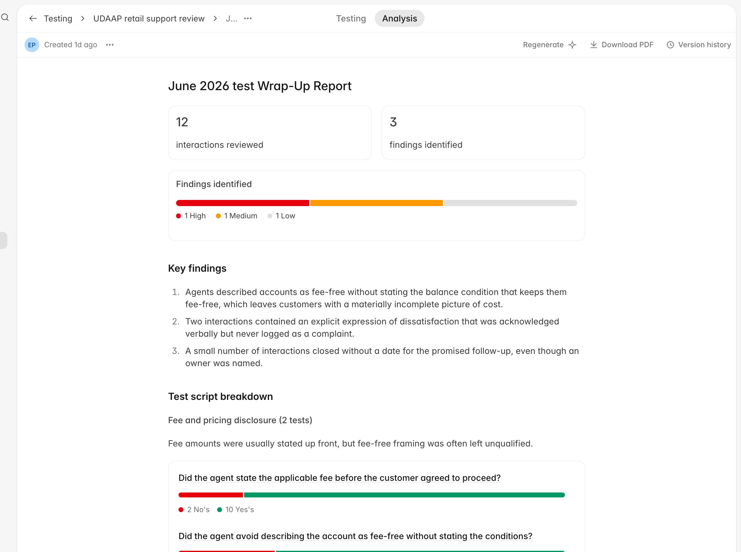 Analysis report with interactions reviewed, findings identified, a severity bar, key findings, and the start of the test script breakdown