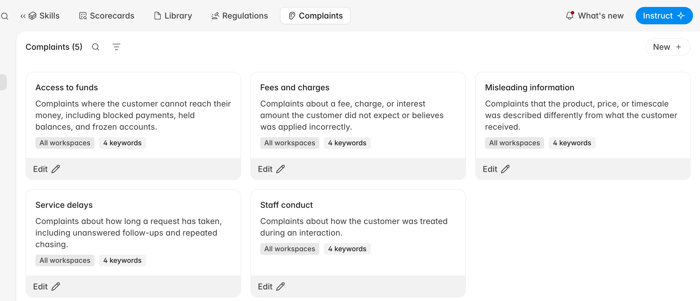 Complaint categories under Knowledge, each card showing its description, workspace scope, and keyword count
