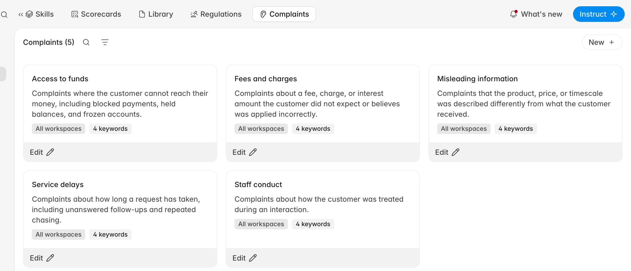 Complaint categories under Knowledge, each card showing its description, workspace scope, and keyword count