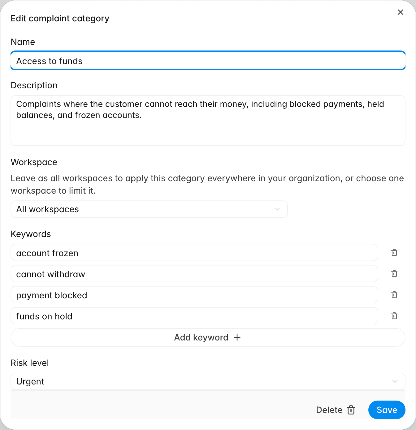 Edit complaint category dialog with name, description, workspace, keywords, and risk level