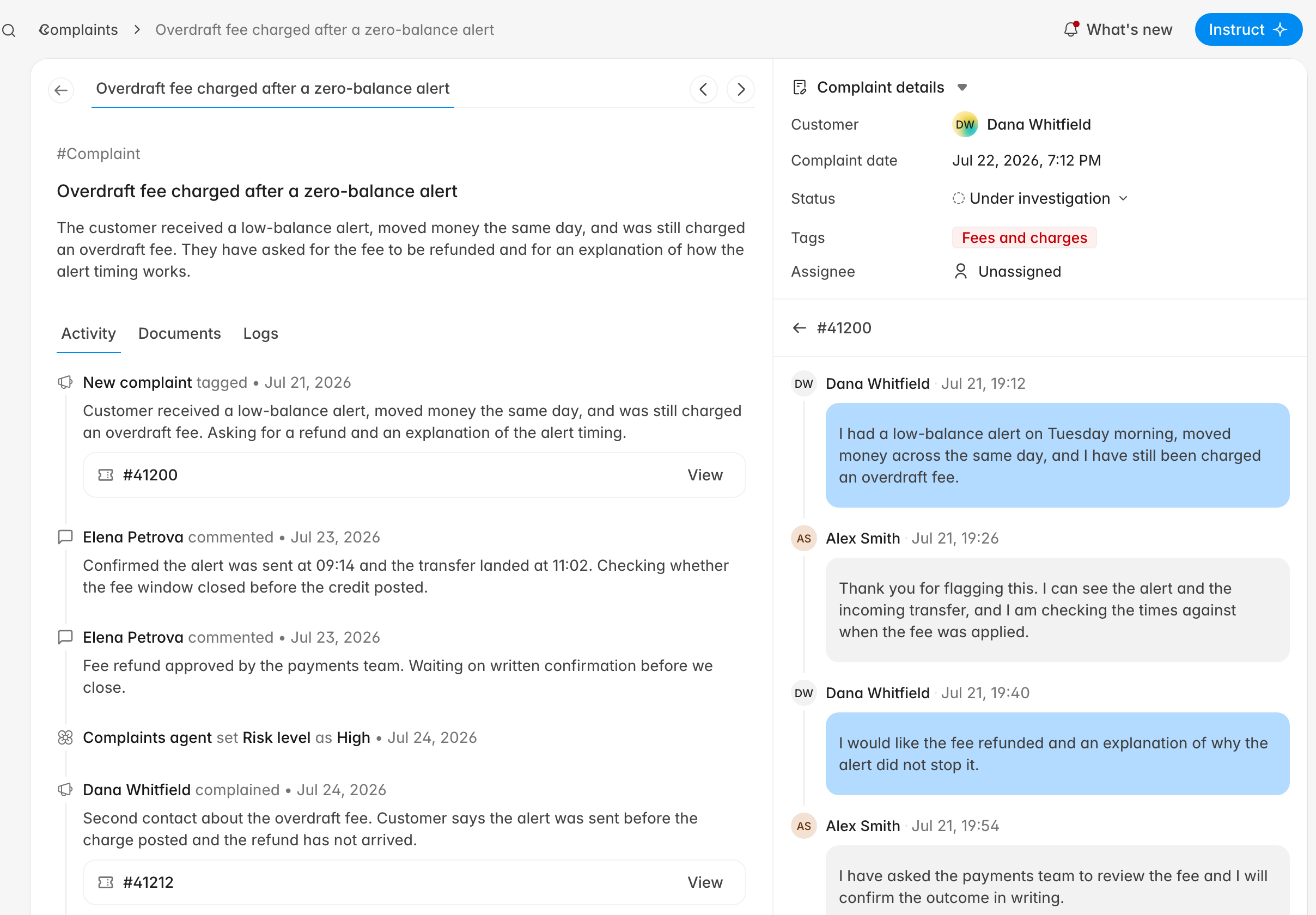 Complaint case with its summary, activity timeline, and the linked ticket conversation open in the sidebar