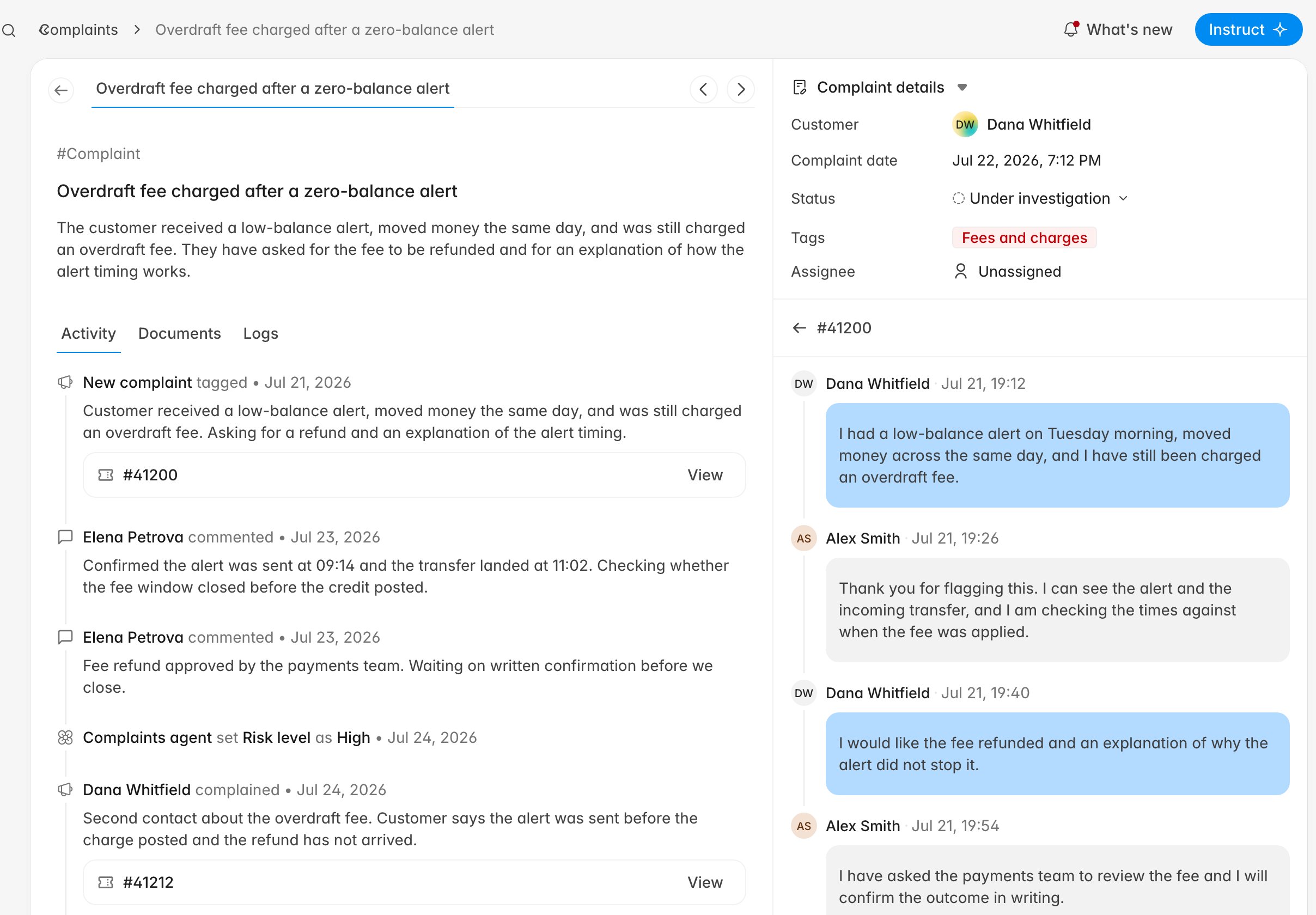 Complaint case with its summary, activity timeline, and the linked ticket conversation open in the sidebar
