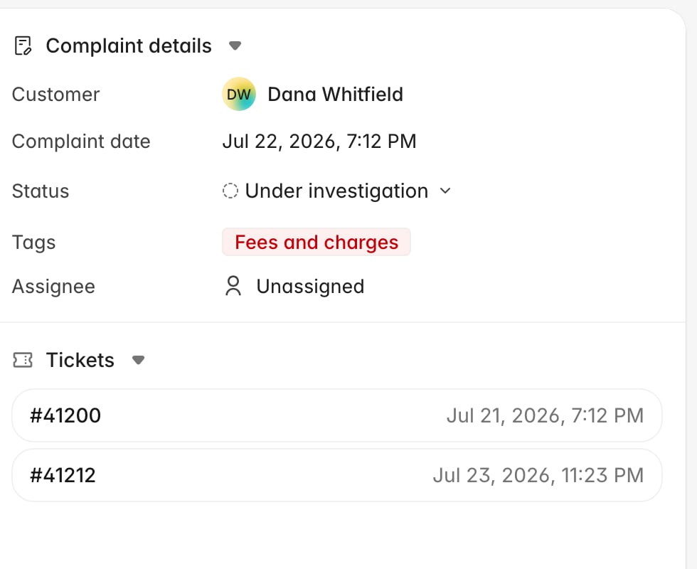 Complaint details panel with customer, date, status, tags, and assignee, above the linked tickets list