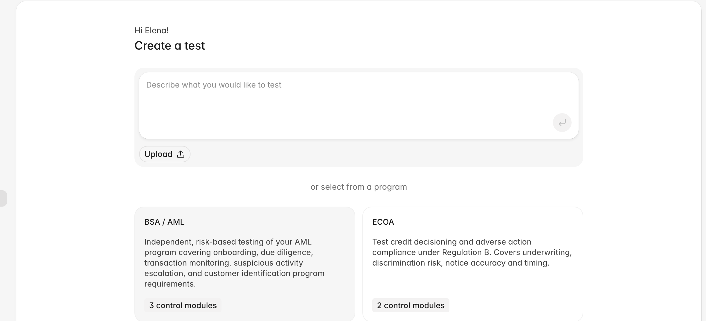 Create a testing program page with a prompt box and framework cards showing their control module counts