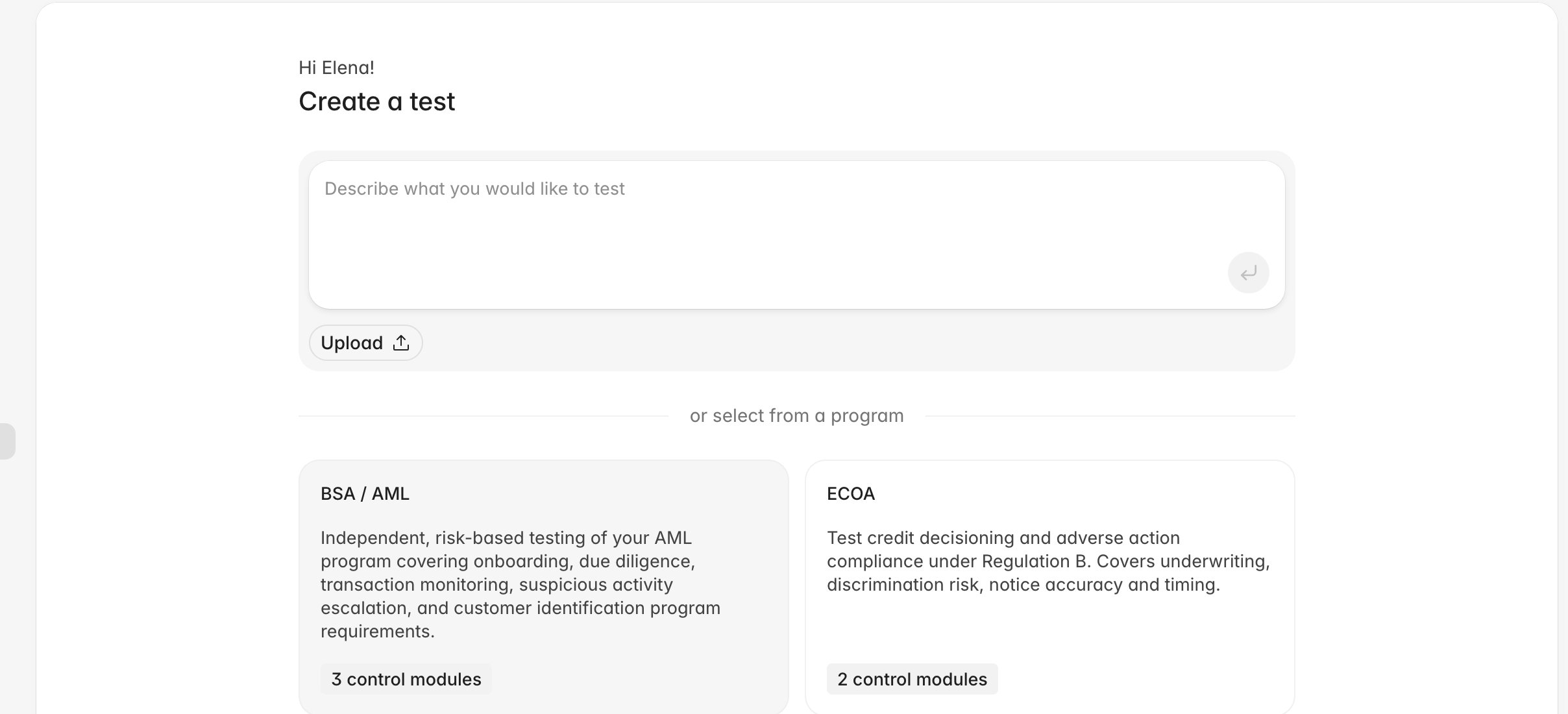 Create a testing program page with a prompt box and framework cards showing their control module counts