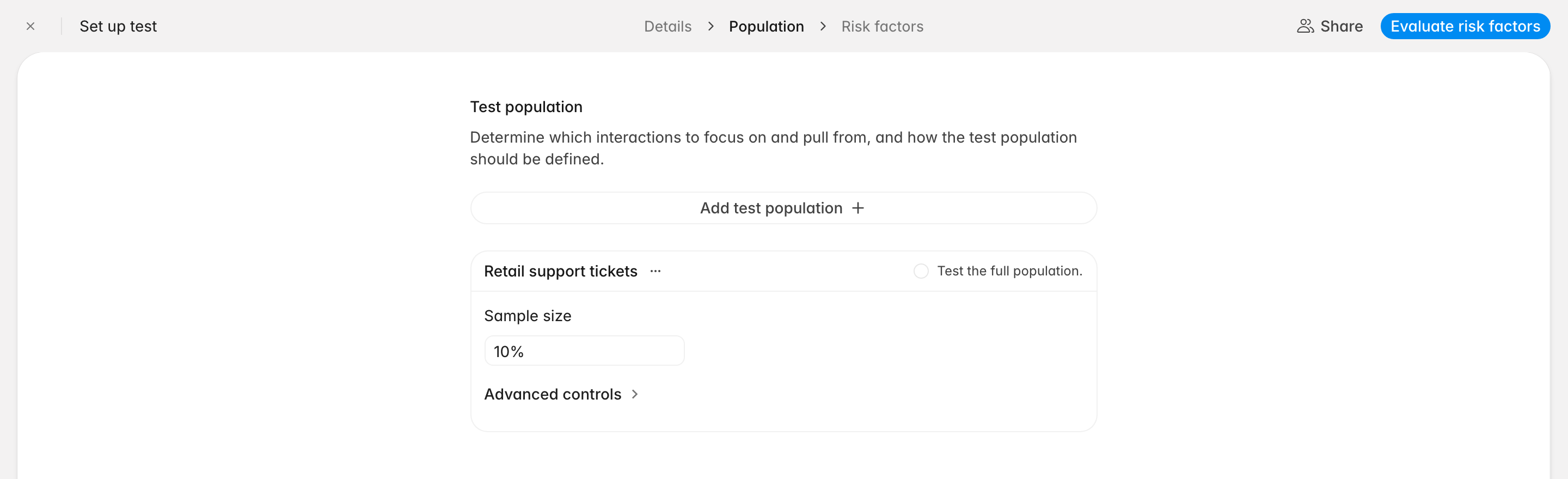 Population step of program setup with a named test population and a 10% sample size