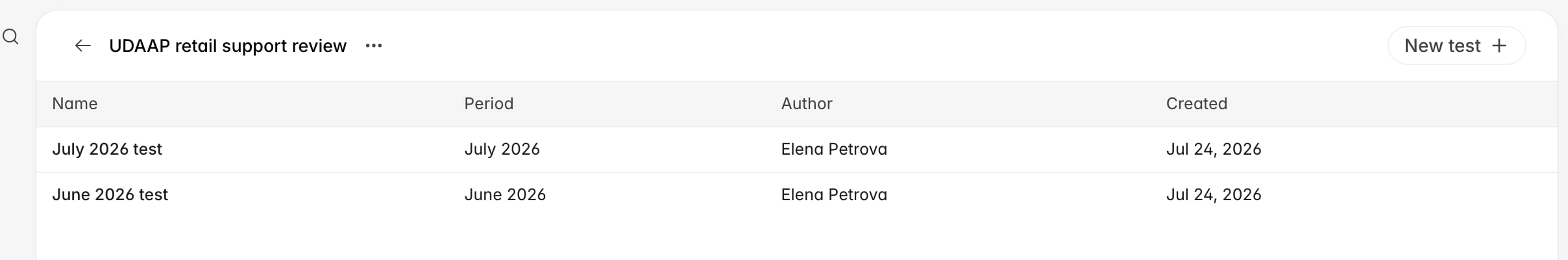 Program page listing the July and June tests with their periods and authors