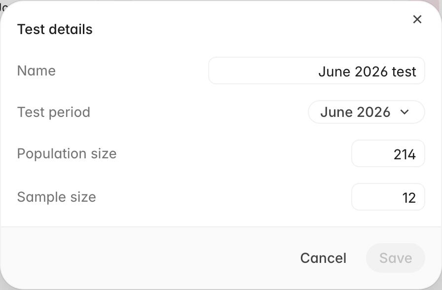 Test details dialog with name, test period, population size, and sample size fields