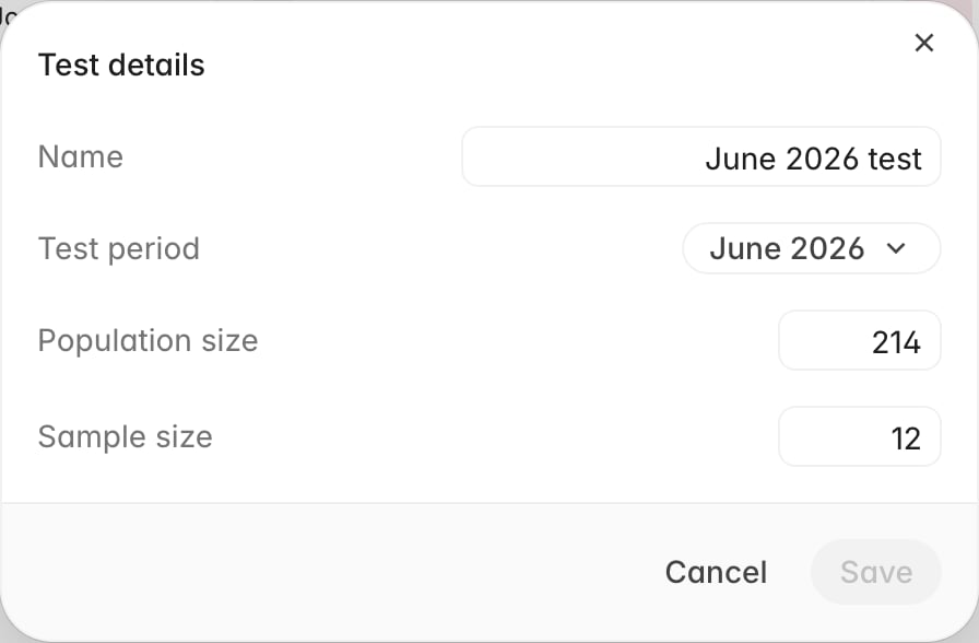 Test details dialog with name, test period, population size, and sample size fields