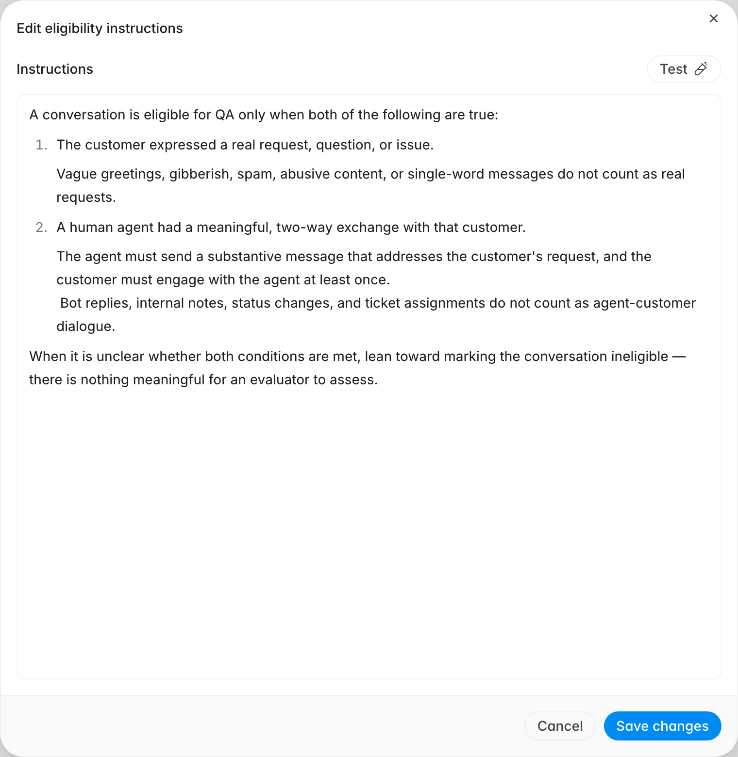 Edit eligibility instructions dialog showing the default rules requiring a real customer request and a meaningful two-way exchange with a human agent