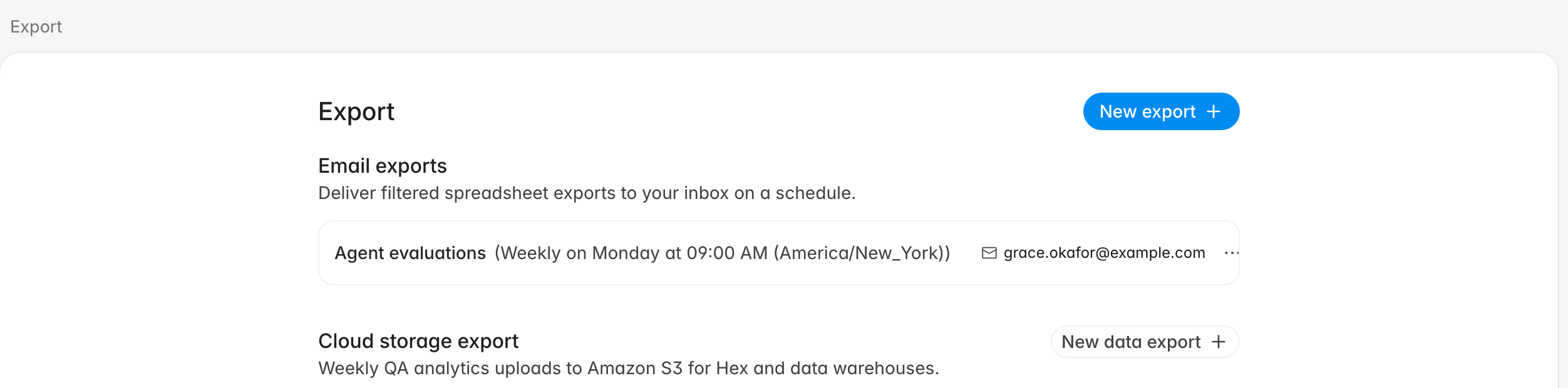 The Export settings page with an email export schedule and the cloud storage export section