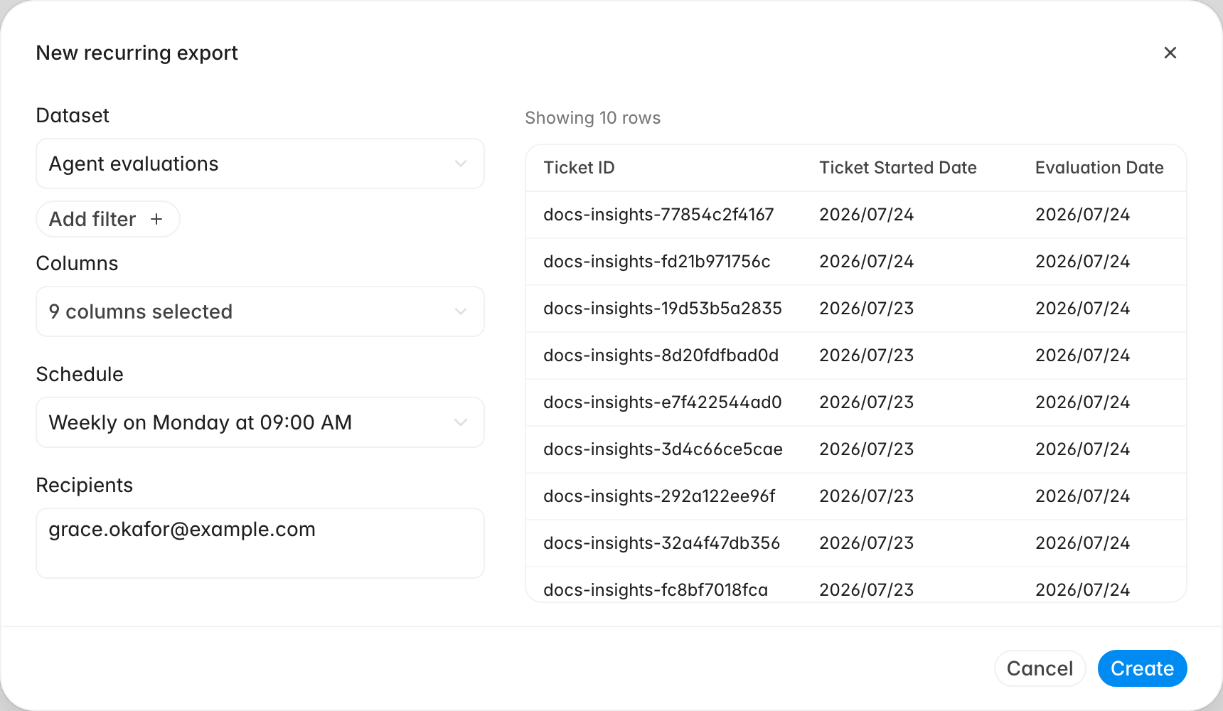 The New recurring export dialog with dataset, columns, schedule, recipients, and a live row preview