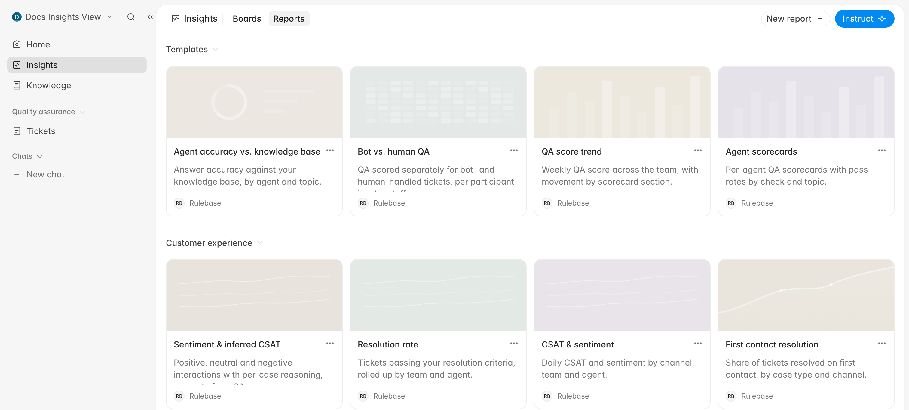 The Insights Reports tab showing report templates grouped by section