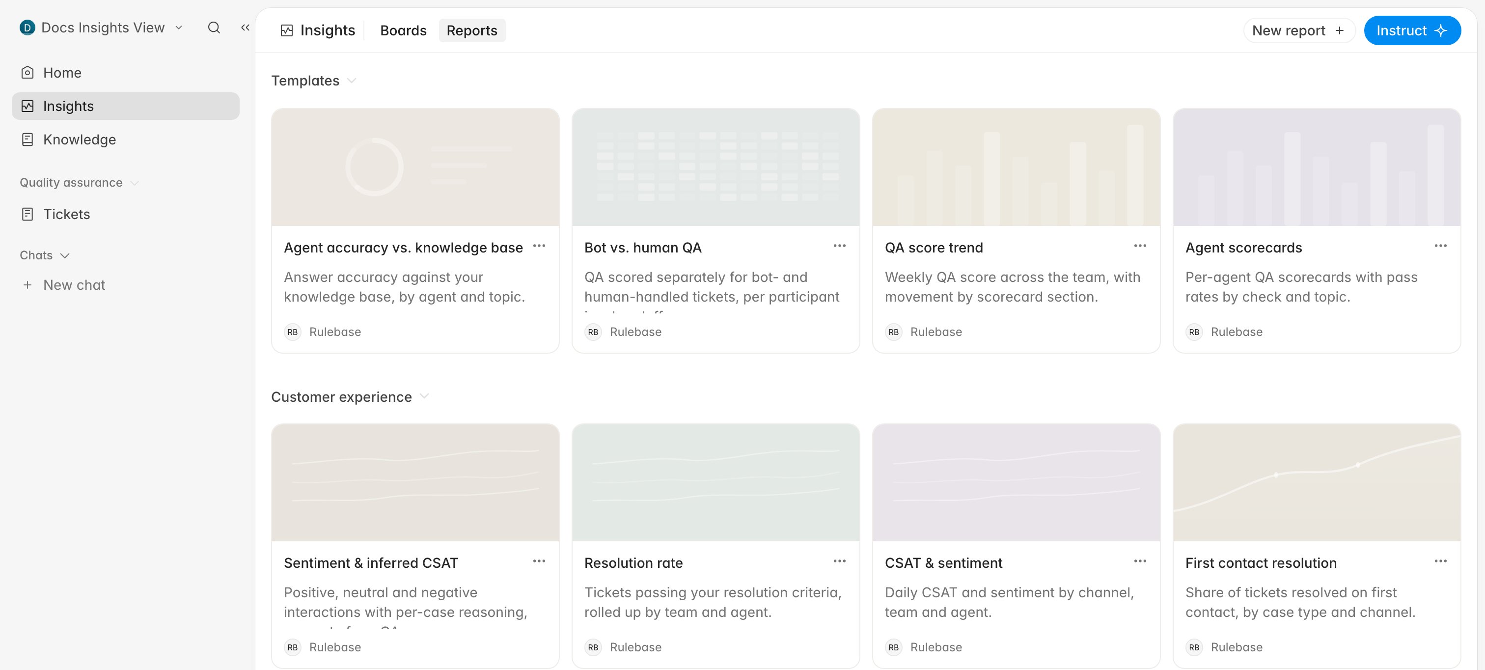 The Insights Reports tab showing report templates grouped by section