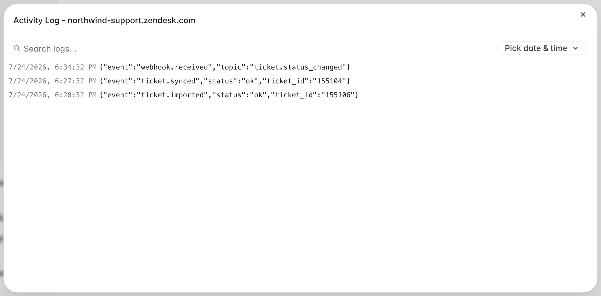 Activity Log dialog for a Zendesk connection listing an imported ticket, a synced ticket, and a received webhook