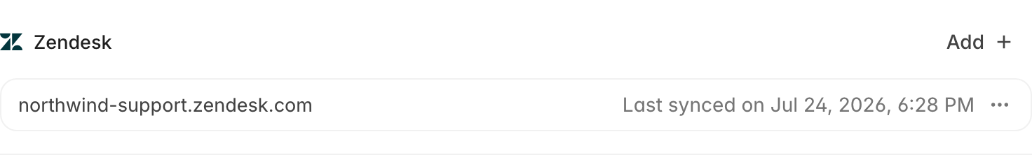 Zendesk row on the Connections page with a connected subdomain and a Last synced on timestamp