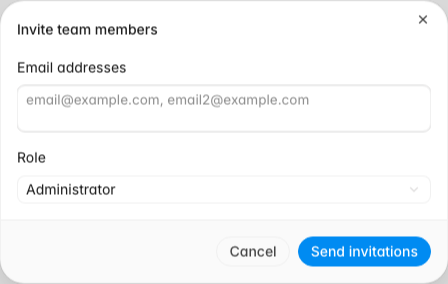 Invite team members dialog with email addresses field and role dropdown