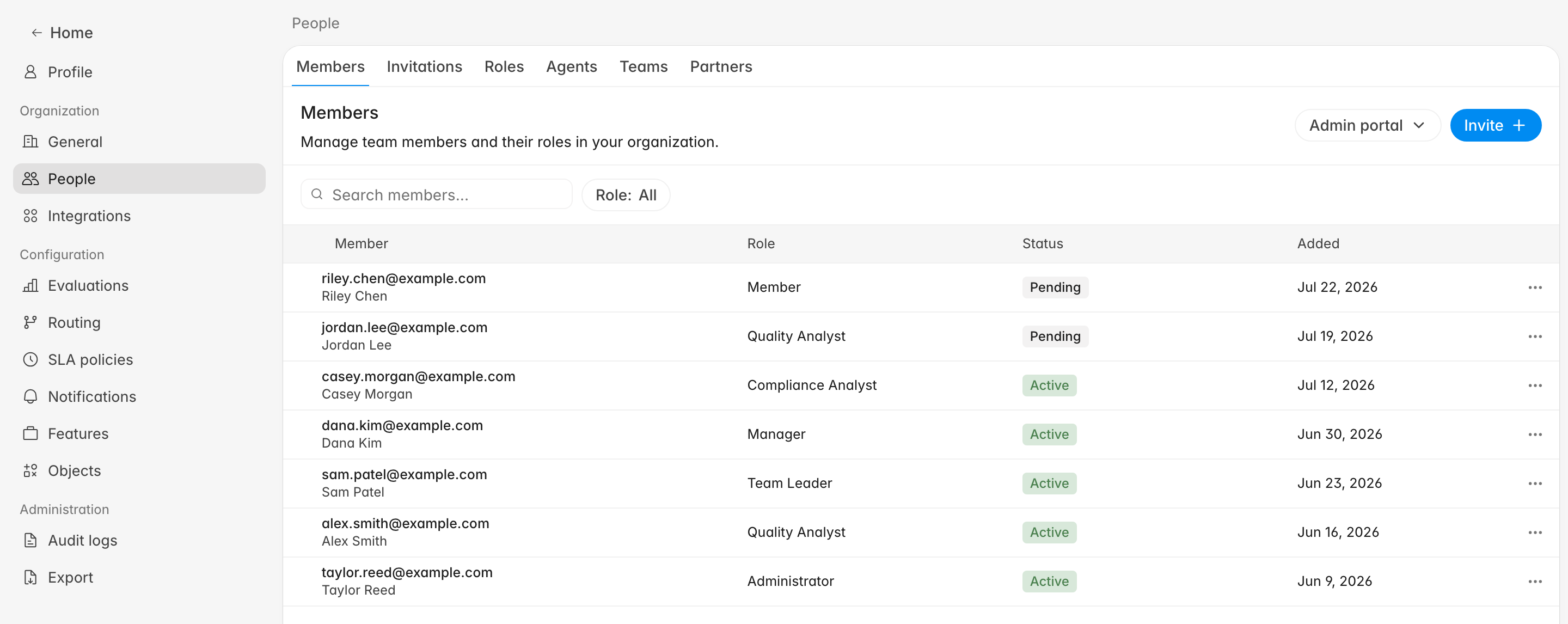 Settings People Members page showing the Invite button, search bar, role filter, and a member table listing seven people across different roles with Active and Pending statuses