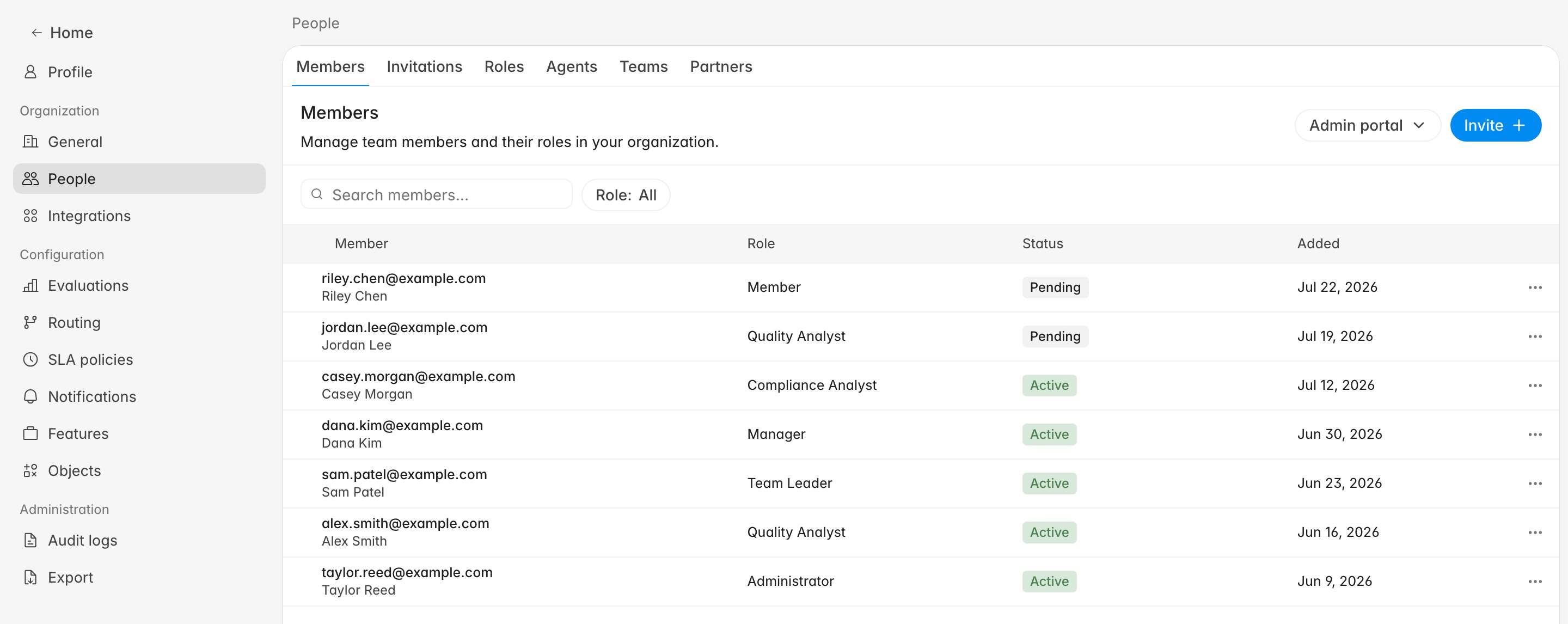 Settings People Members page showing the Invite button, search bar, role filter, and a member table listing seven people across different roles with Active and Pending statuses