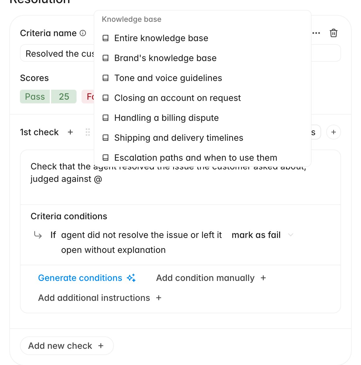 Check description with the @ mention menu open on the Knowledge base group, listing Entire knowledge base, Brand's knowledge base, and individual documents