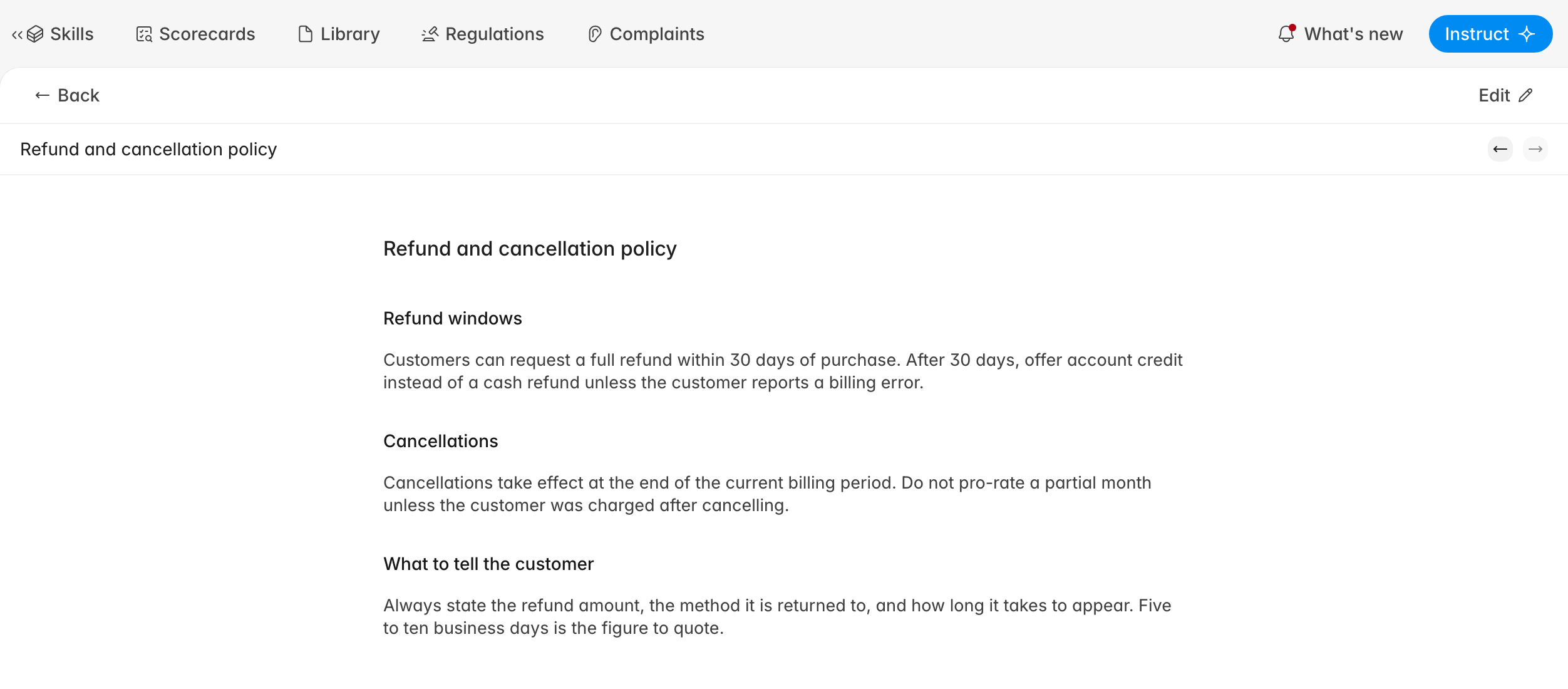 Knowledge base document open in read view with the Back and Edit controls above the content