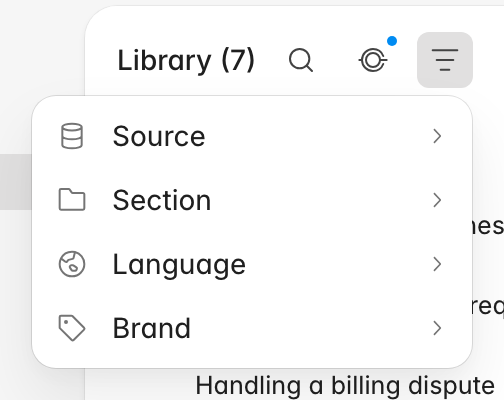 Knowledge library filter menu open with Source, Section, Language, and Brand